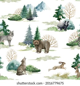 Wild forest animals seamless pattern. Watercolor image. Hand drawn forest bear, wolf, rabbit, badger,fir trees, mountains. Seamless pattern for fabric, paper, tixtile print. White background