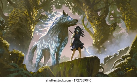 jeune fille sauvage avec son loup debout dans la forêt, style art numérique, peinture d'illustration