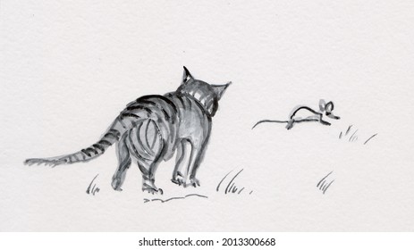 Wild Life, Cat Hunting Mouse, Sumi-e