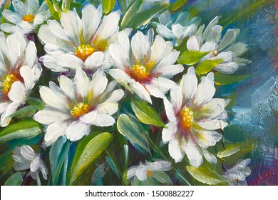 Wild meadow flowers daisies bouqueton dark backround. Handmade oil art painting.