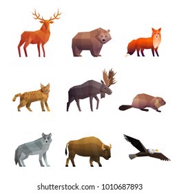 Wild Northern Animals 3d Colorful Polygonal Icons Set With Wolf Fox Bear And Eagle Isolated  Illustration 