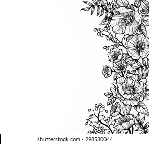 A wild rose border for wedding designs in an abstract floral doodle sketch with fern leaves and coral bell flowers on a white background. - Powered by Shutterstock