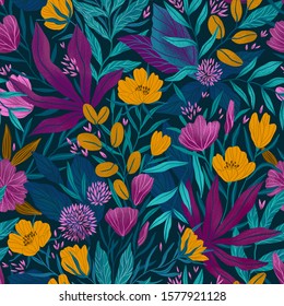 Wild tropical nature. Repeated background with flowers and leaves. Seamless hand-drawn floral pattern design. Secret garden print.