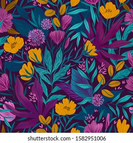 Wild tropical nature. Repeated background with flowers and leaves. Seamless hand-drawn floral pattern design. Secret garden print.