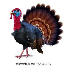 Wild Turkey Bird Gobbler On A White Background As A Thanksgiving In A 3D Illustration Style.