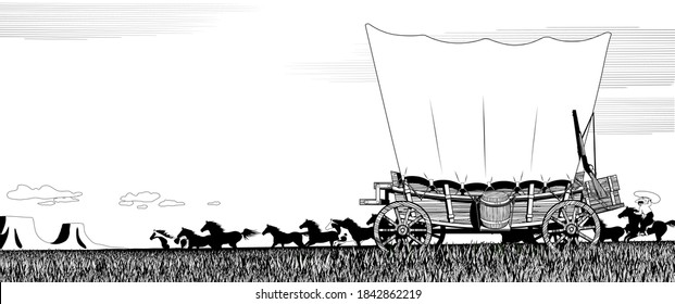 Wild West Prairie Landscape With Covered Wagon And Flock Of Horses. Linear Black And White Drawing For Coloring Book