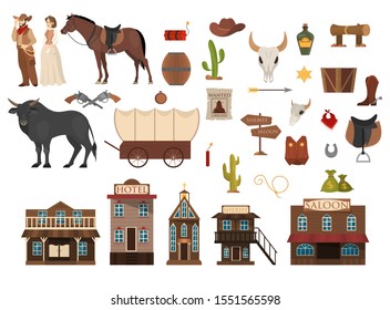 Wild west set. Cowboy, cactus, horse and cow. Saloon and sheriff building. Criminal wanted announcement. Collection of elements.