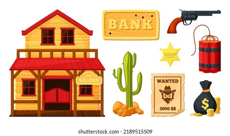 Wild West Set. Old Wooden Saloon Bar Green Cactus In Stones, Sheriff Star Revolver Dynamite Bunch Bag Money Advertisement Is Wanted Bank Sign Bullet Holes. Colorful Cartoon .