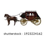 Wild west stage coach with two horses. No people. 3D illustration isolated on white.