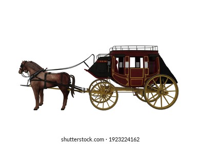 Wild West Stage Coach With Two Horses. No People. 3D Illustration Isolated On White.