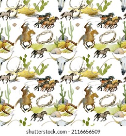 Wild West Western Seamless Pattern. Cowboy, Wild Horse, Horseshoe, Cactus, Cow Scull. Watercolor Background