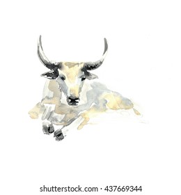 Wild Yak. Watercolor Painting On Paper Background.