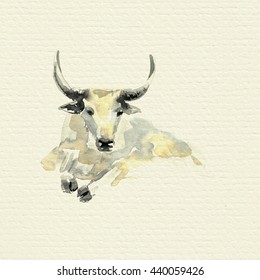 Wild Yak. Watercolor Painting On Paper Texture Background.