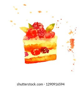 Wildberry Cake, Sweet Berry Cheesecake, Slice Of Pie. Watercolor Dessert Illustration Sketch With Splashes On White Background