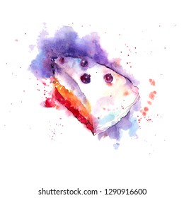 Wildberry Cake, Sweet Berry Cheesecake, Slice Of Pie, Pastry Dessert. Watercolor Illustration Sketch With Splashes On White Background