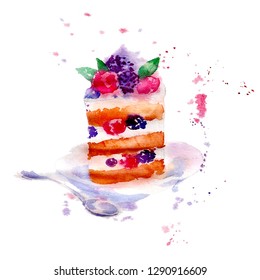 Wildberry Cake, Sweet Berry Cheesecake, Slice Of Pie, Dessert  On A Plate With Spoon. Watercolor Illustration Sketch With Splashes On White Background