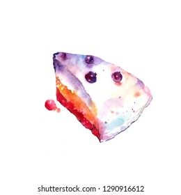 Wildberry Cake, Sweet Berry Cheesecake, Slice Of Pie, Pastry Dessert. Watercolor Illustration Sketch On White Background