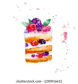 Wildberry Cake, Sweet Berry Cheesecake, Slice Of Pie. Watercolor Dessert Illustration Sketch With Splashes On White Background