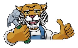A Wildcat Cartoon Animal Mascot Carpenter Or Handyman Builder Construction Maintenance Contractor Peeking Around A Sign Holding A Hammer