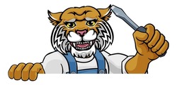 A Wildcat Electrician, Handyman Or Mechanic Holding A Screwdriver And Peeking Round A Sign