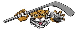 A Wildcat Ice Hockey Player Animal Sports Mascot Holding A Hockey Stick And Puck