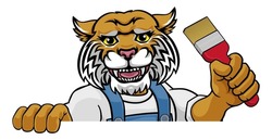 A Wildcat Painter Decorator Cartoon Animal Mascot Holding A Paintbrush Peeking Around A Sign