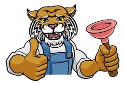 A Wildcat Plumber Cartoon Mascot Holding A Toilet Or Sink Plunger Peeking Round A Sign Giving A Thumbs Up