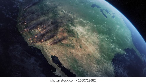 Wildfires In California. Fire And Smoke Covering Much Of The West Coast Of The US. Satellite View Shows A Lot Of Fires Burning In The Californian Forests. Massive Wildfire In USA. 3D Illustration.