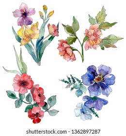 Wildflower bouquet floral botanical flowers. Wild spring leaf wildflower. Watercolor background illustration set. Watercolour drawing fashion aquarelle. Isolated wildflowers illustration element.