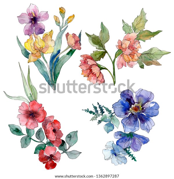 野花の花束花の植物花 野春の葉の野草 水の色の背景イラストセット 水彩画ファッションアクレル ワイルドフラワーイラストエレメント のイラスト素材