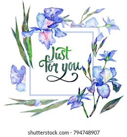 Wildflower iris  flower frame in a watercolor style. Full name of the plant: iris. Aquarelle wild flower for background, texture, wrapper pattern, frame or border.