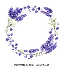 Wildflower Lavender Flower Wreath In A Watercolor Style Isolated. Full Name Of The Plant: Lavender. Aquarelle Wild Flower For Background, Texture, Wrapper Pattern, Frame Or Border.