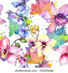 Wildflower orchid flower pattern in a watercolor style. Full name of the plant: colorful orchid. Aquarelle wild flower for background, texture, wrapper pattern, frame or border.
