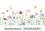 Wildflowers, green wild plants and flying butterflies, seamless pattern with colored flowers, watercolor isolated illustration, floral horizontal border, hand painting summer meadow, nature background