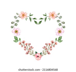 Wildflowers heart wreath, watercolor floral frame illustration. Valentines day themed design with pastel wink flowers and greenery. Wedding invitation, baby shower card template. Holiday arrangement. - Powered by Shutterstock