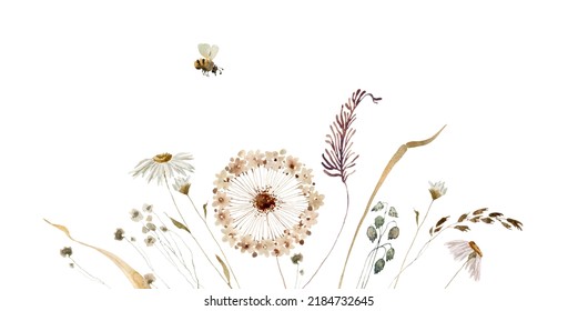 Wildflowers, Herbs Boho Border Painted In Watercolor. Dried Pampas Grass Floral Bouquet, Frame. Botanical Boho Elements Isolated On White. Wedding Invitation, Greeting, Card, Print, Scrapbooking