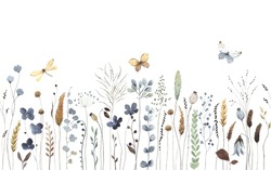 Wildflowers, Plants, Flying Butterflies, Dragonfly, Floral Seamless Pattern, Watercolor Horizontal Border, Hand Painting Illustration Isolated On White Background, Summer Meadow. 