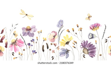 Wildflowers, plants, flying butterfly, dragonfly, floral seamless pattern with colored flowers, watercolor horizontal border isolated on white background, hand painting illustration summer meadow.  - Powered by Shutterstock