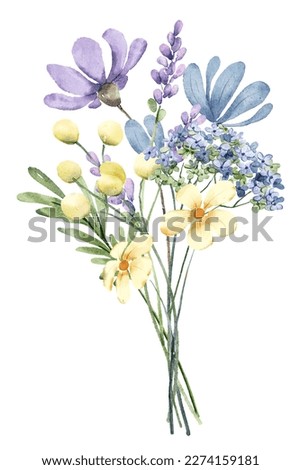 Wildflowers watercolor, floral clip art. Wedding bouquet perfectly for printing design on invitations, cards, wall art and other. Botanical illustration isolated on white background. Hand painting.