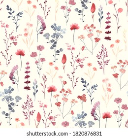 Wildflowers watercolor, seamless pattern with abstract flowers, plant and branches. Colorful meadow, illustration on ivory background.