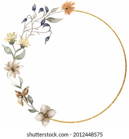 Wildflowers Wreath Clipart, Watercolor Meadow Flowers Bouquet, Dried Herbs Frame Clip Art, Wedding Invitation, Card Making, Logo Design