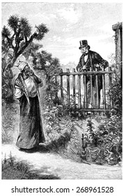 William Andrew Talking To Her Over The Fence, Vintage Engraved Illustration.