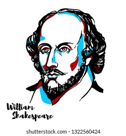 William Shakespeare Engraved Portrait With Ink Contours. English Poet, Playwright, Actor And Dramatist.