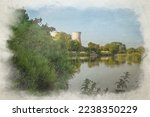 Willington power station cooling towers digital watercolor painting from the bank of the River Trent at Willington, Derbyshire, England, UK.