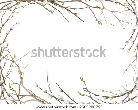 Willow branches with small fluffy buds and spring twigs with green leaves on a postcard. Watercolor illustration in digital format. Traditional symbol of Easter holiday, isolated on white background