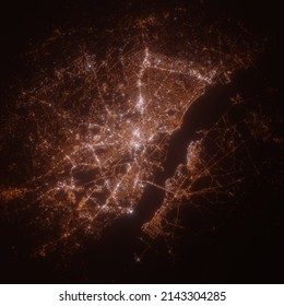Wilmington (Delaware, USA) Street Lights Map. Satellite View On Modern City At Night. Imitation Of Aerial View On Roads Network. 3d Render, High Resolution