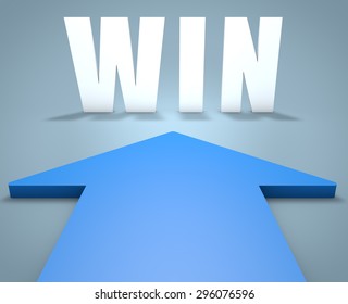 Win - 3d render concept of blue arrow pointing to text.