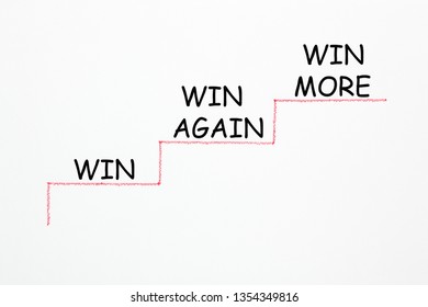 Win, Win Again and Win More text in the shape of a staircase on white background. Business Concept.