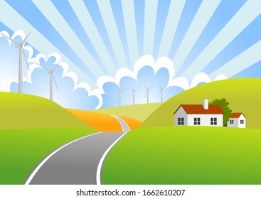 Wind Energy Rural Landscape Cartoon Illustrations: ภาพประกอบสต็อก