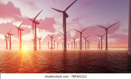 Wind farm at dusk and calm sea 3D render